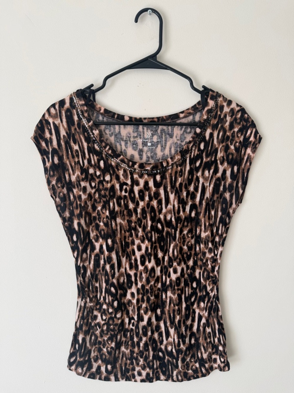 New York & Co Leopard Print Short Sleeve Beaded Top - Brown & Black Small